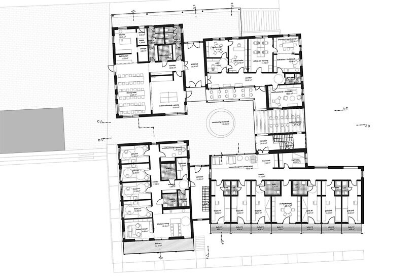Ground floor plan: mensa and administration above, ...